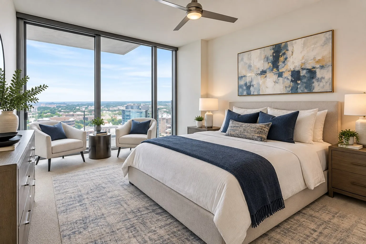 Floor-to-ceiling windows, recessed lighting, ceiling fan, carpet flooring, and a built-in upholstered headboard