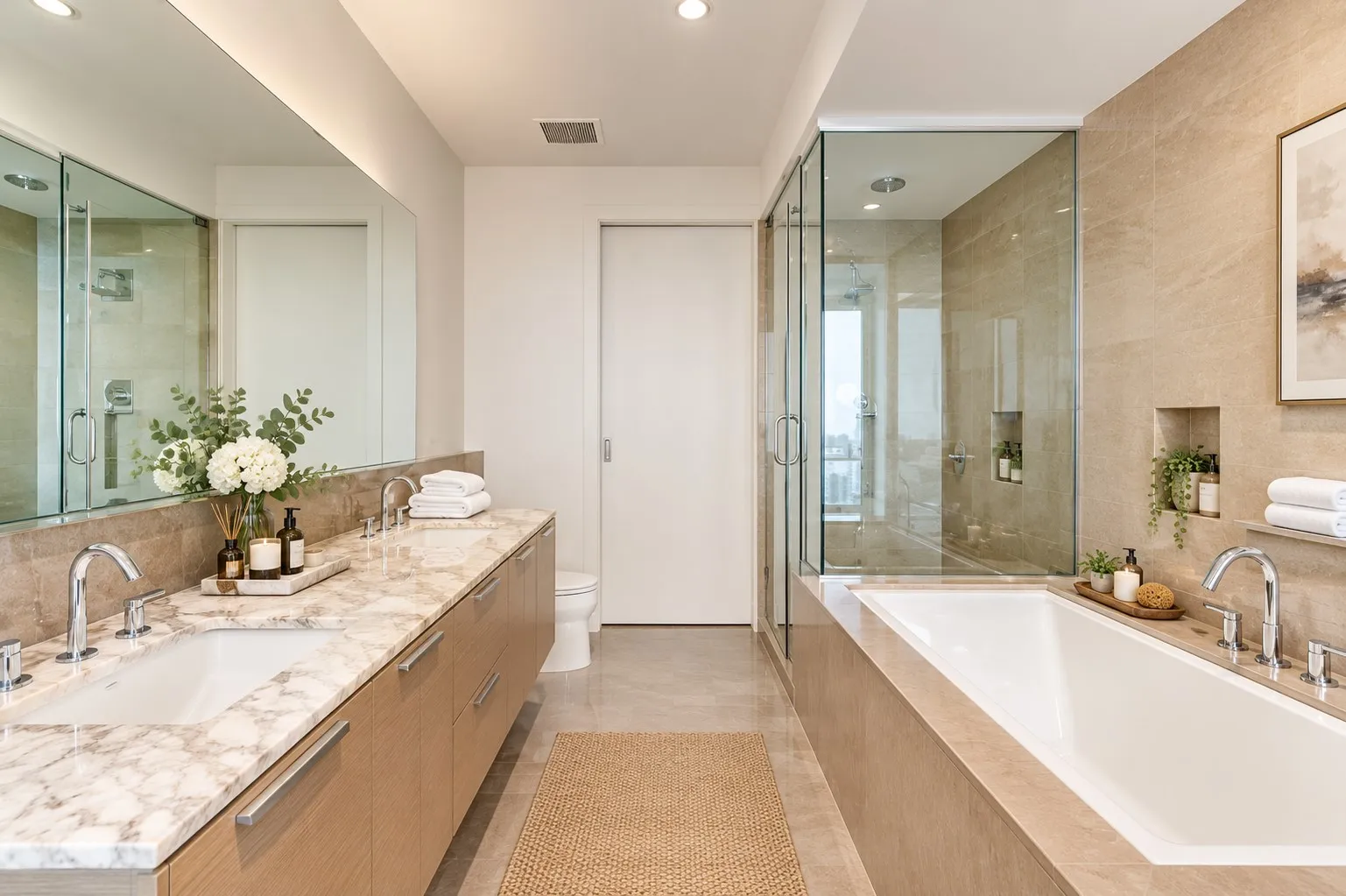 Dual vanity with stone countertop, built-in soaking tub, glass-enclosed shower, and recessed wall shelving