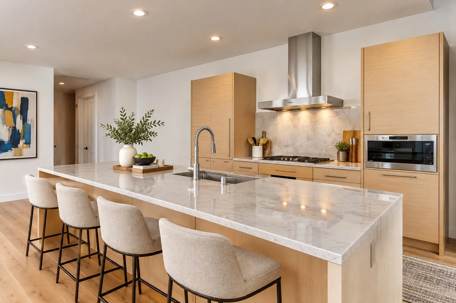 Contemporary kitchen featuring an expansive island with a light-toned countertop, light wood-finish cabinetry, a stainless steel range hood, and integrated stainless steel appliances