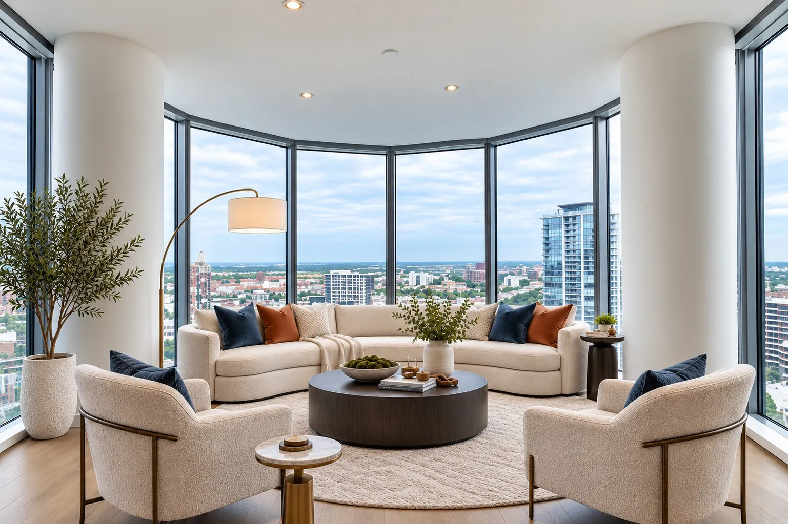 Expansive floor-to-ceiling windows, recessed lighting, light wood-finish flooring, and curved architectural columns define this living space