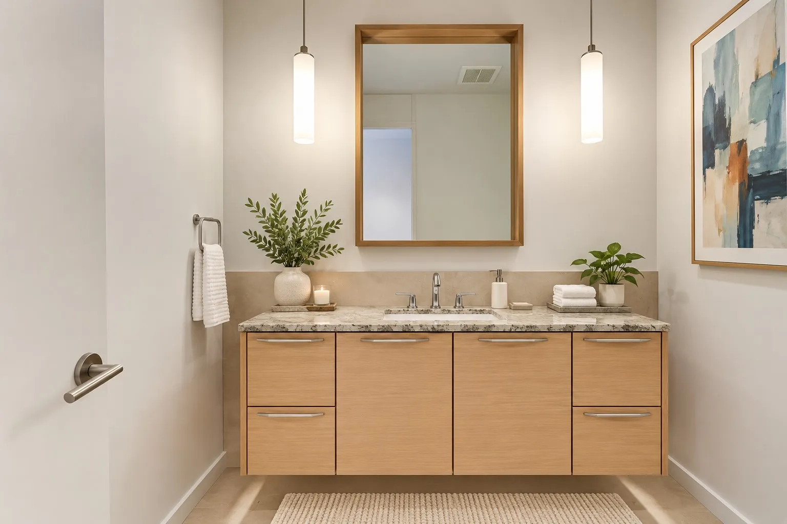 Floating wood-finish vanity with ample storage