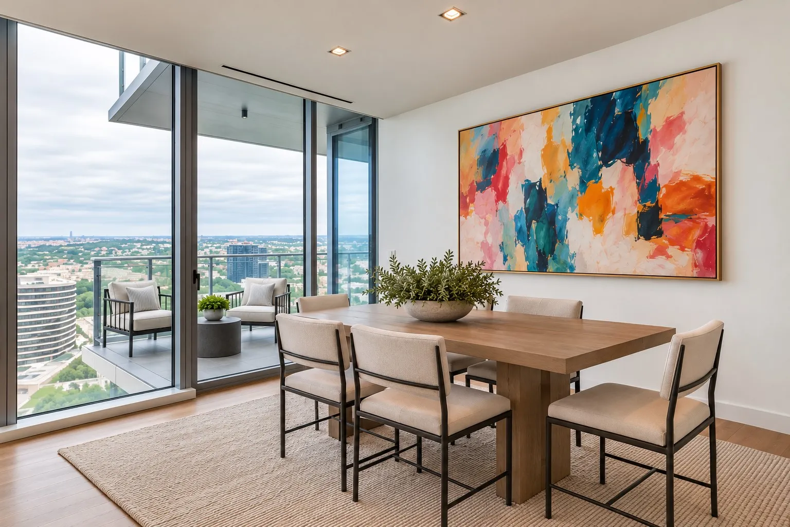 Floor-to-ceiling glass doors opening to a private balcony with a glass railing