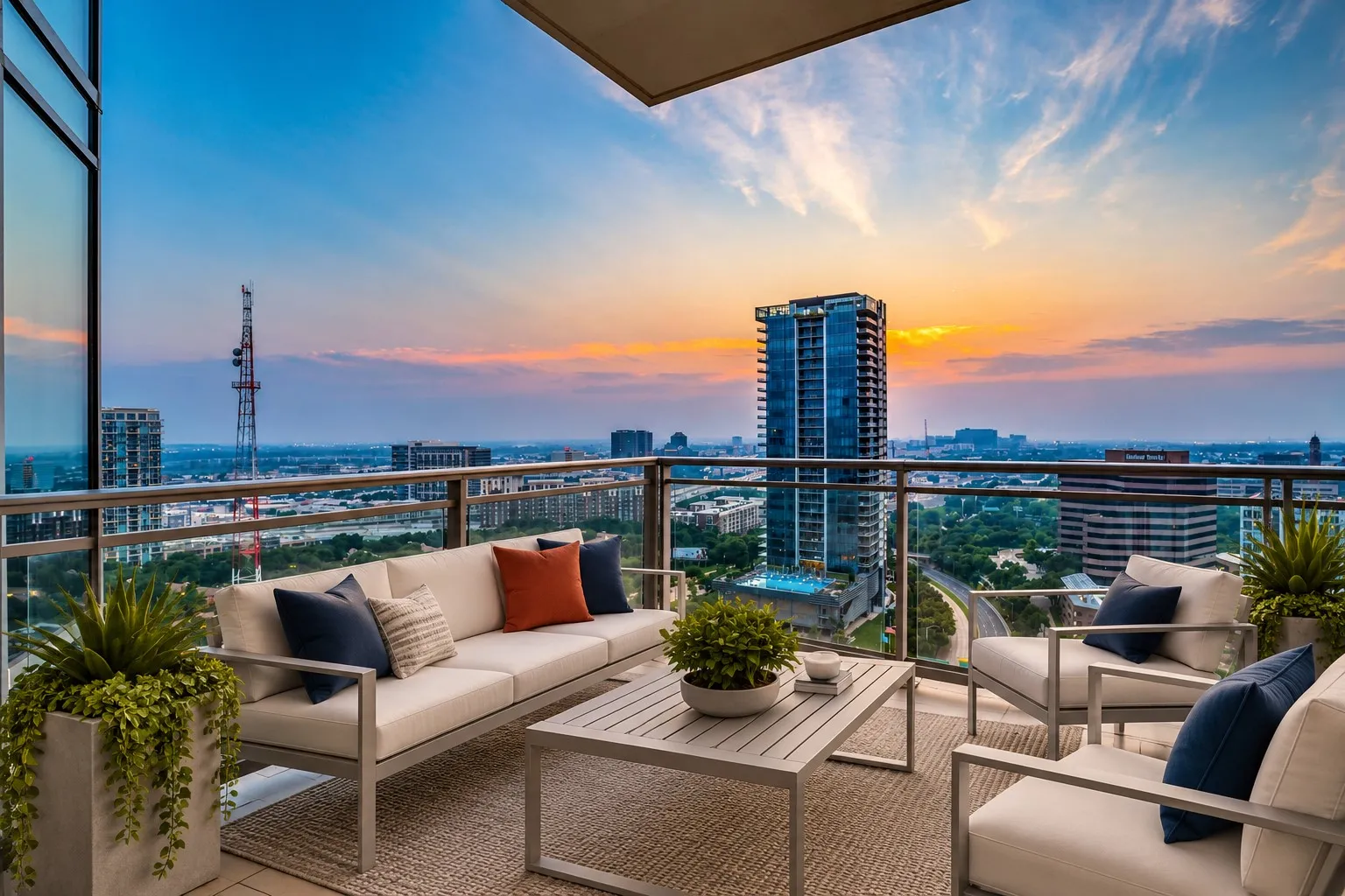 Expansive balcony with glass panel railing and cityscape backdrop