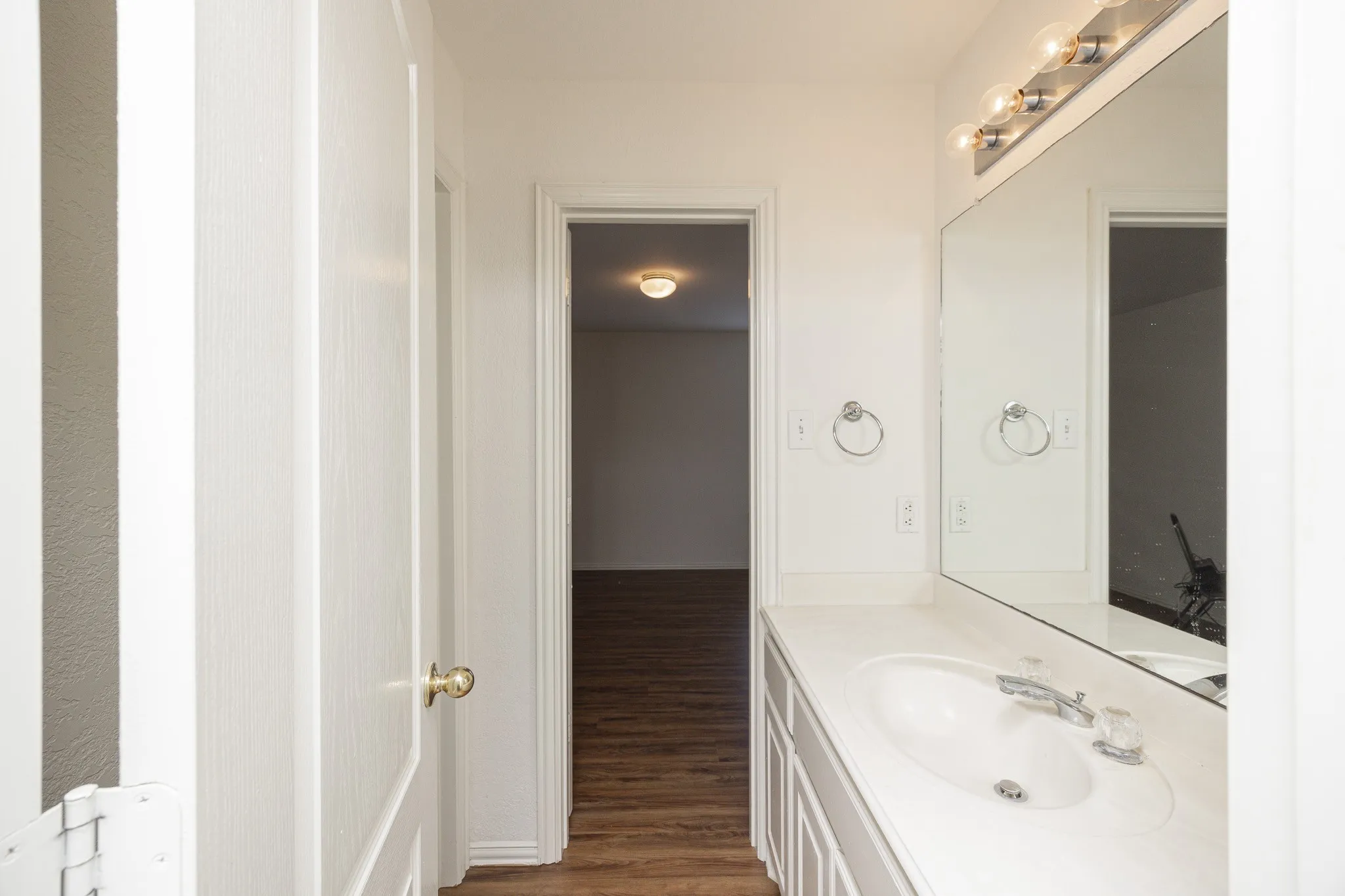 Bathroom featuring wood finished floors and vanity