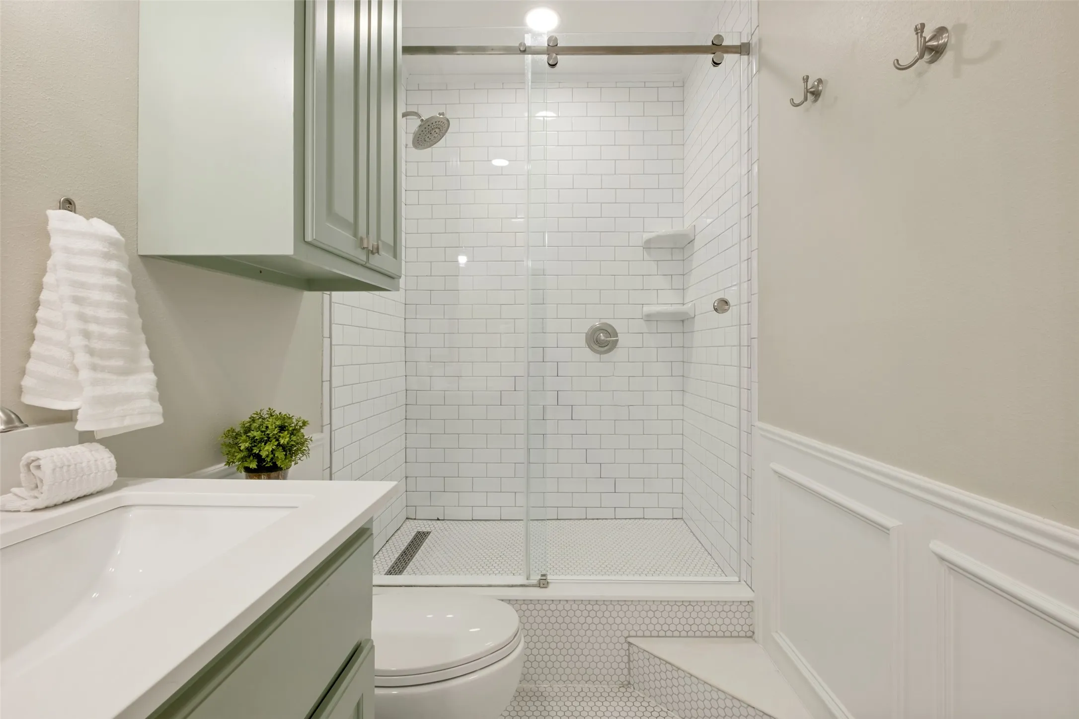 Spa-like rain shower that steps up into with glass sleek glass doors.