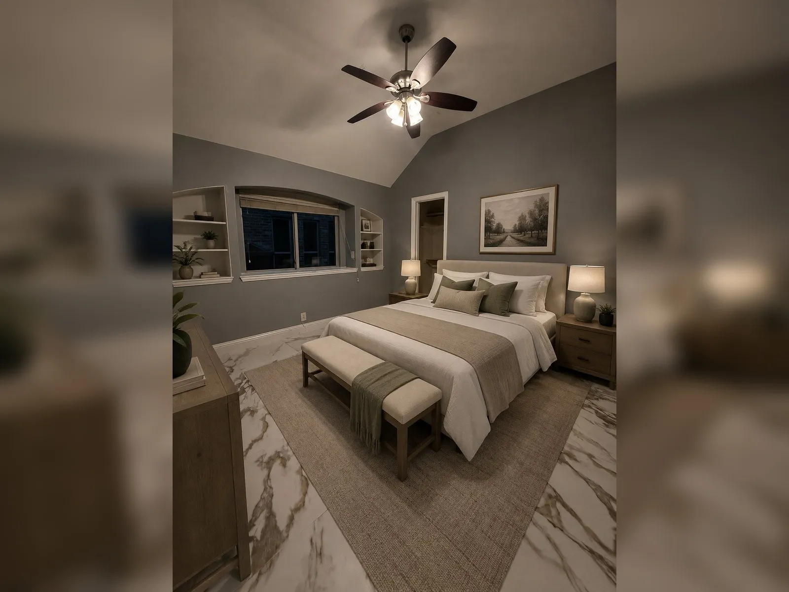 Vaulted ceiling, ceiling fan with integrated lighting, built-in shelving, large window, and broad tile flooring