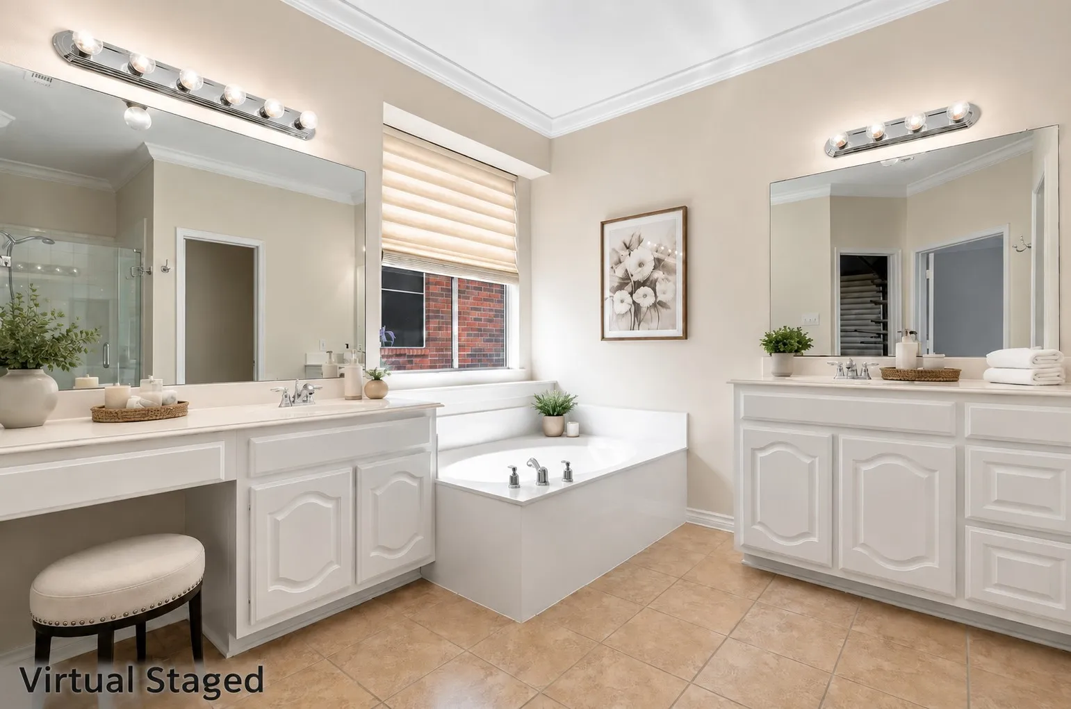 Dual Vanities, gardent tub, freshly painted cabinets!