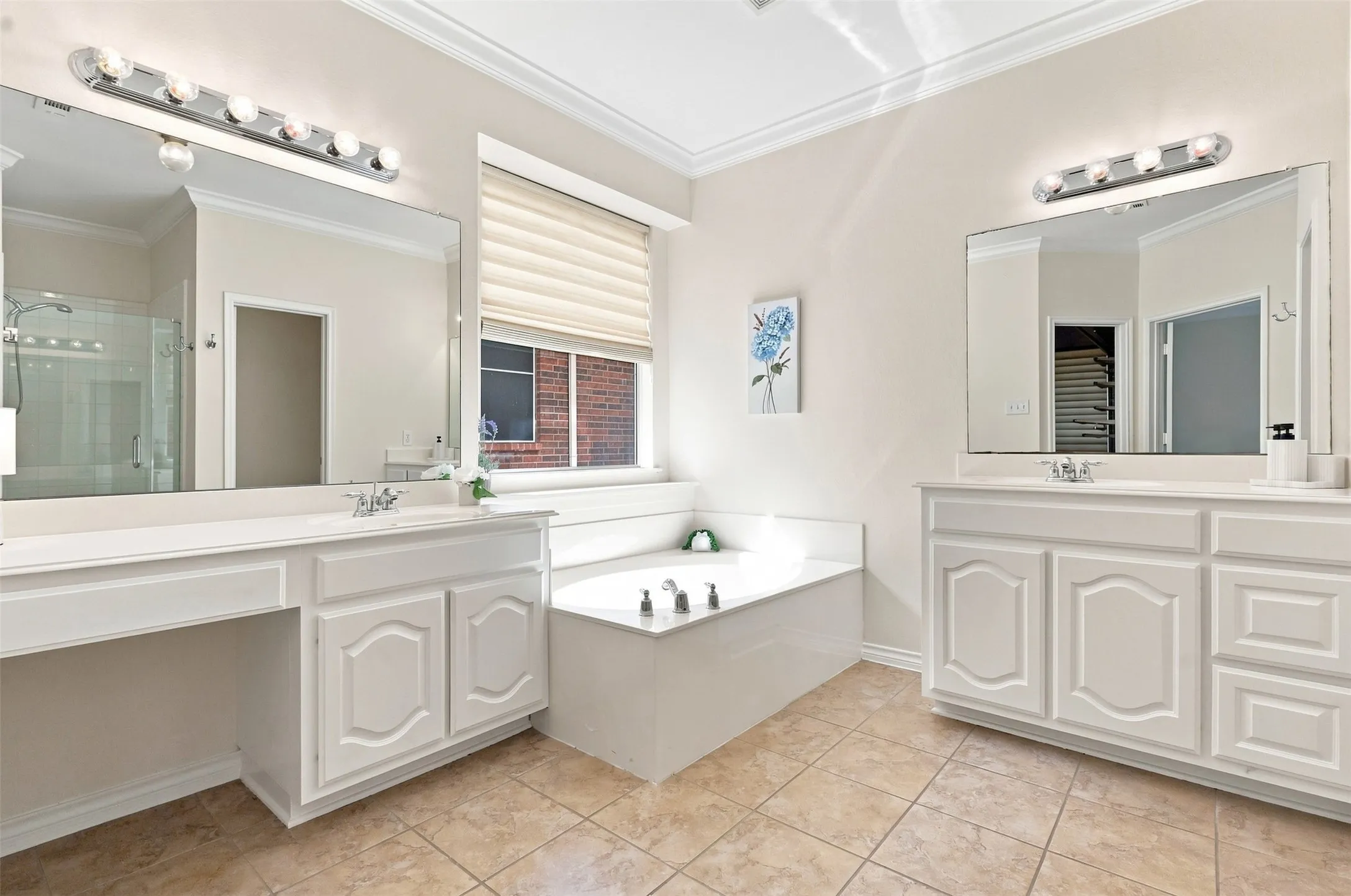 Dual vanities, garden tub and separate shower