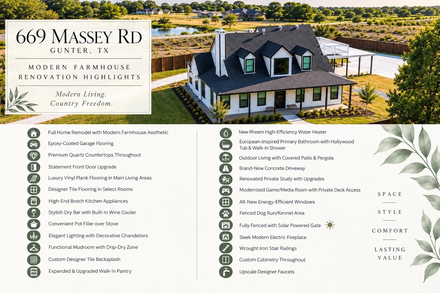 Single Family Residence For Sale in Grayson County , 669 Massey Road, Gunter, Texas 75058, 3 Bedroom, 3 Bathroom, 2 Garage spaces, 2,745 Sqft, built in 1997, mls#21354886, Real Estate Agent in Gunter, Homes For Sale in Grayson county, Homes For Sale in Gunter, Realtor in Gunter Texas, Real Estate Brokerage Independent Realty Texas, Luminita Cordes Realtor
