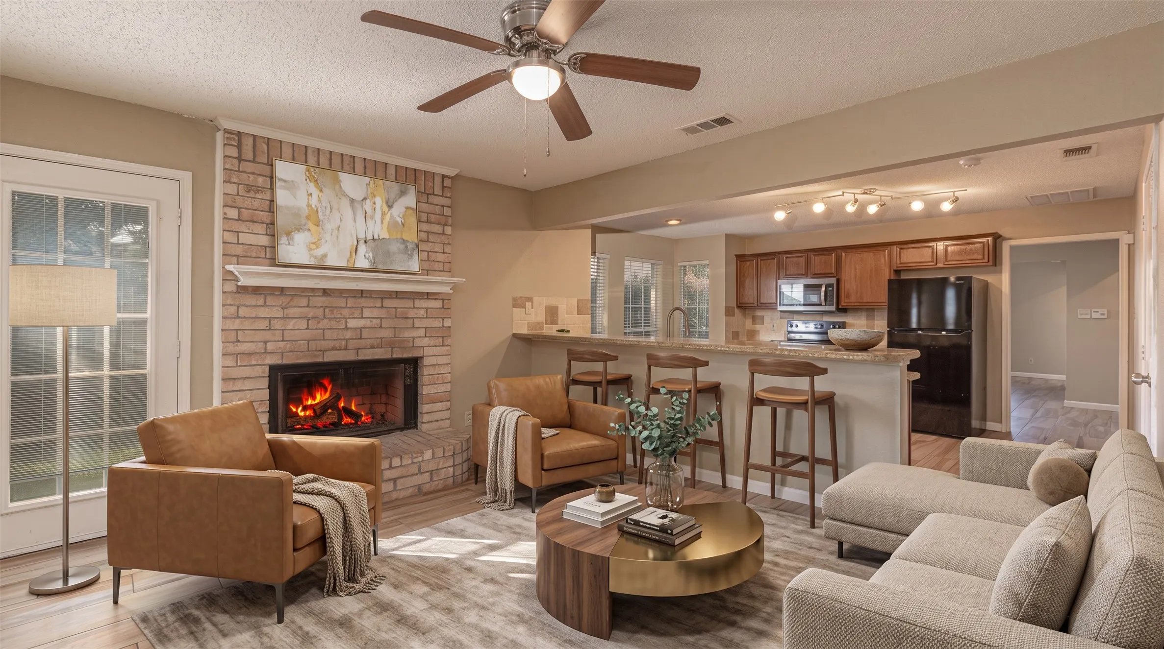 Living Room with Fireplace.  Virutal Staged