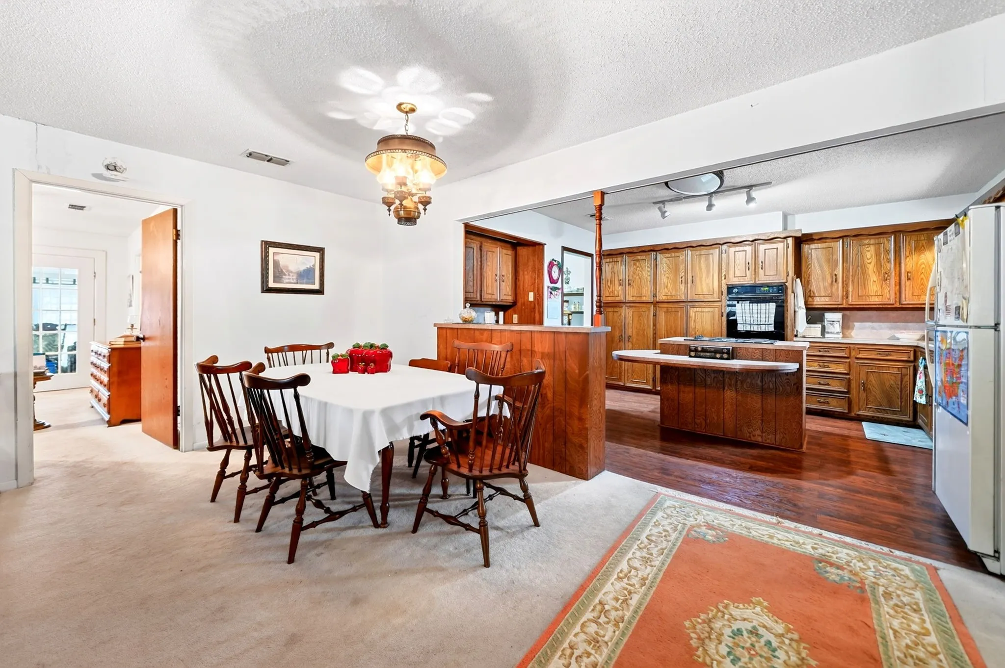 Wood-finish flooring in the kitchen area
