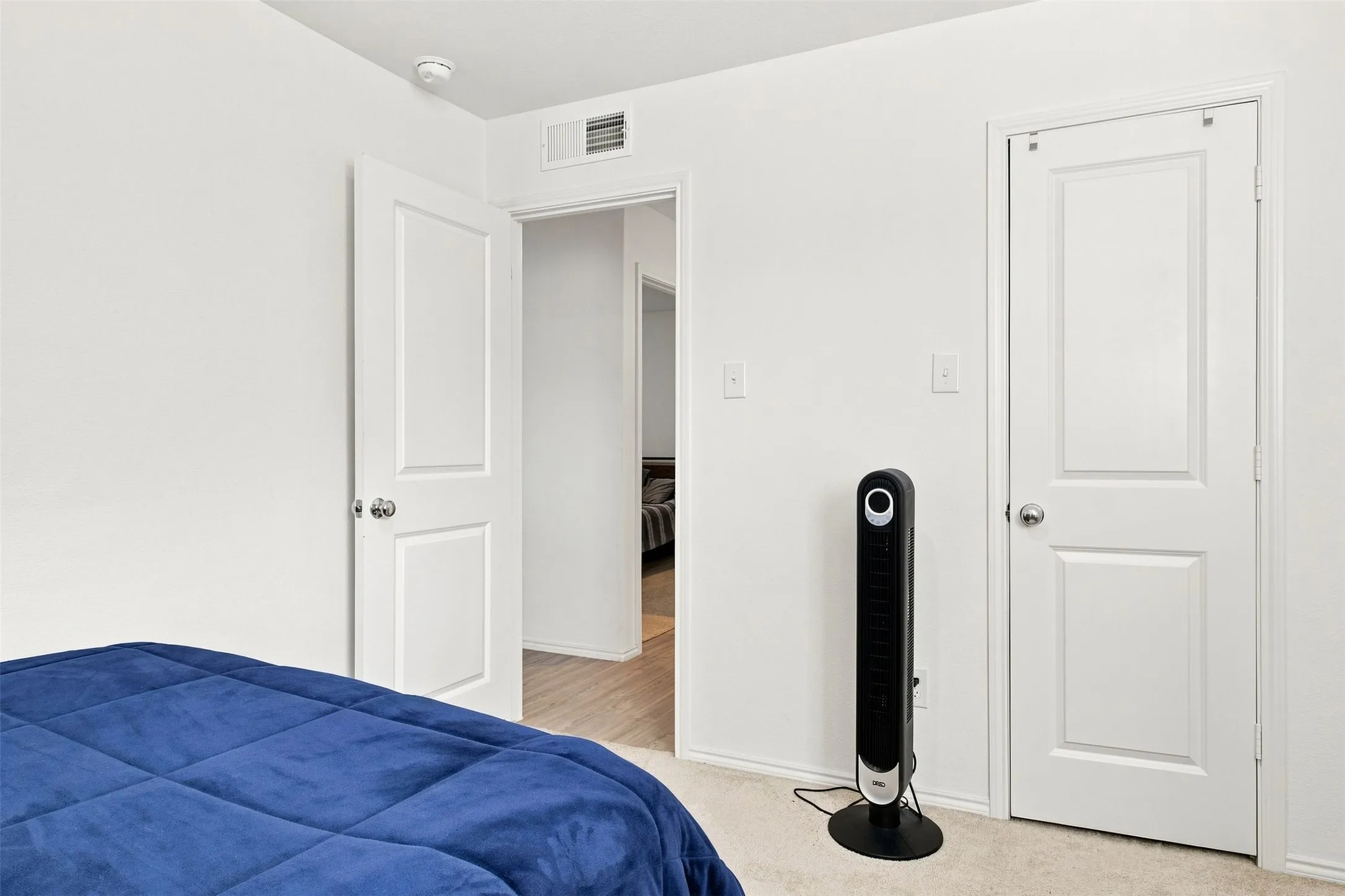 White interior doors, wall-to-wall carpeting, and a smoke detector