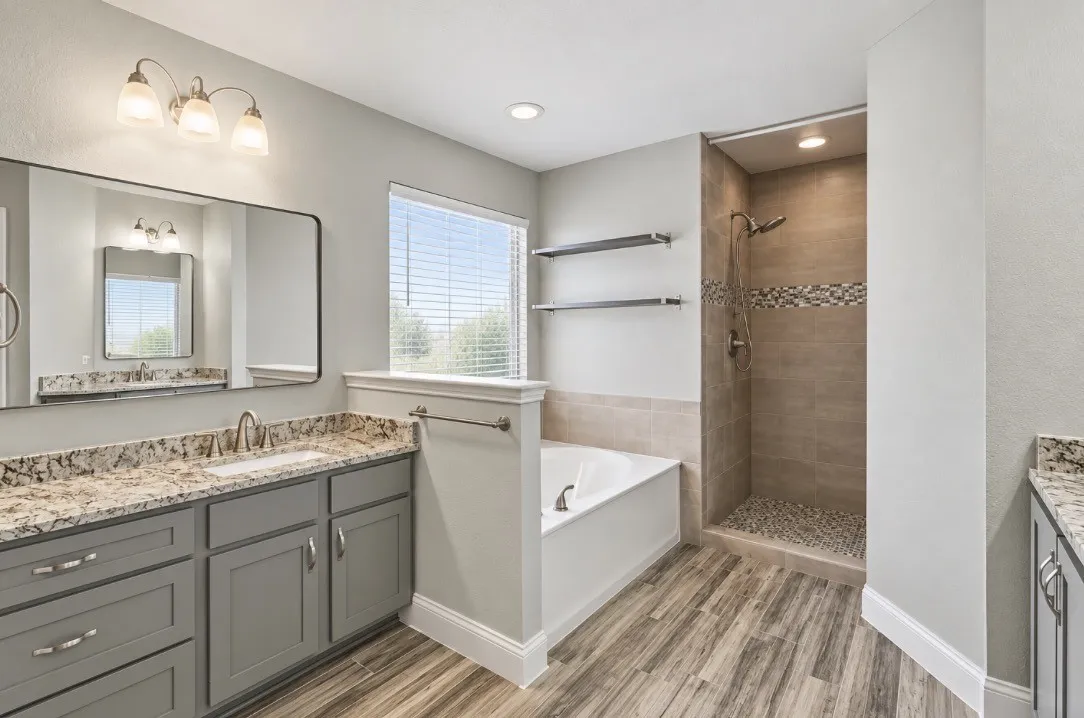 Spacious bathroom featuring a double vanity with stone countertops, a soaking tub, a walk-in shower with pebble flooring, and wood-finish flooring throughout