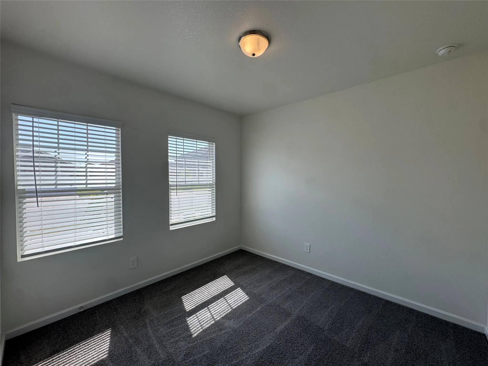 Two windows with blinds, neutral wall paint, dark grey carpet, and a ceiling-mounted light fixture
