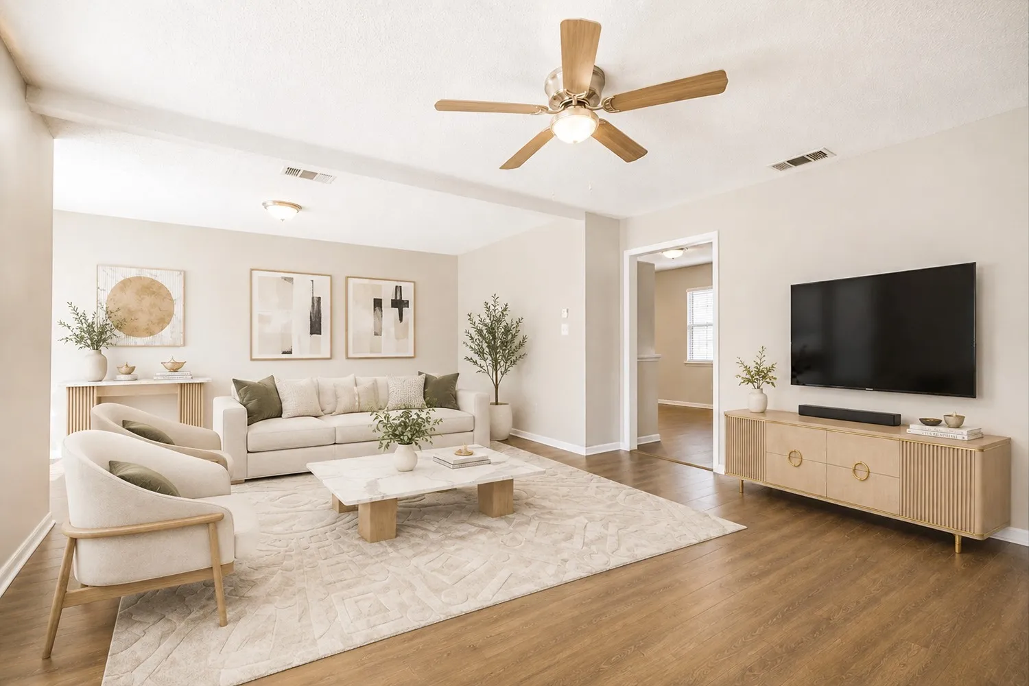 Virtual Staging - Wood-finish flooring, neutral wall tones, ceiling fan with integrated lighting, and recessed ceiling lighting