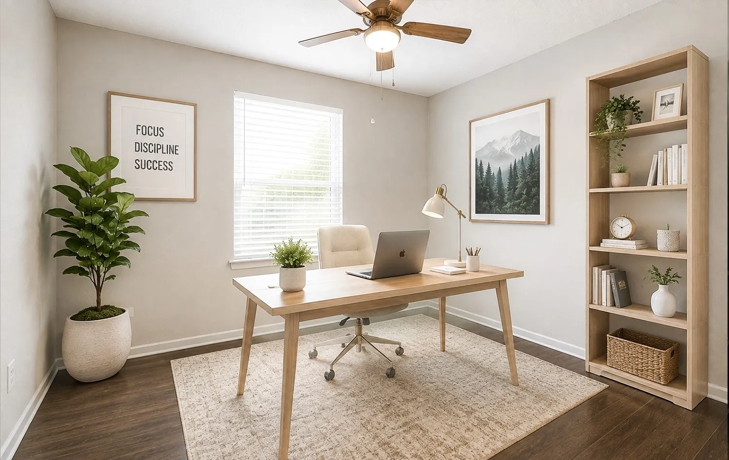 Virtual Staging - Neutral paint palette, wood-finish flooring, built-in shelving, window with blinds, and ceiling fan with integrated lighting