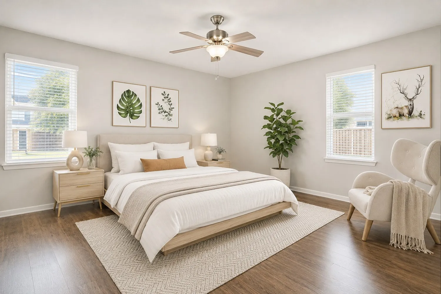 Virtual Staging - Recessed lighting, wood-finish flooring, two windows with blinds, a ceiling fan with light, and light-toned walls