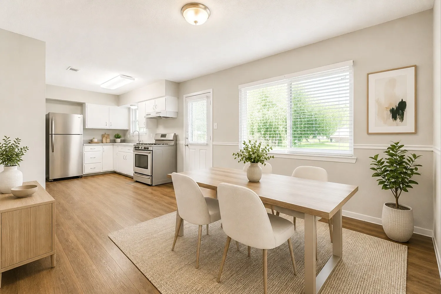 Virtual Staging - Open-concept layout featuring wood-finish flooring, a kitchen with white cabinetry and stainless steel appliances, a dining area with a large window, and wainscoting