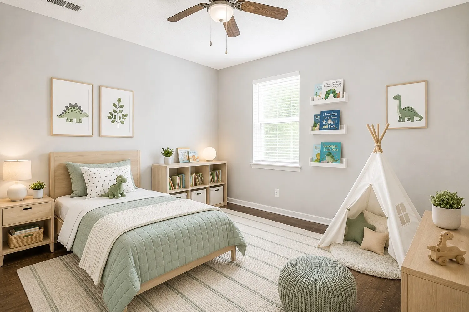 Virtual Staging - Wood-finish flooring with a multi-pane window and a ceiling fan with integrated lighting