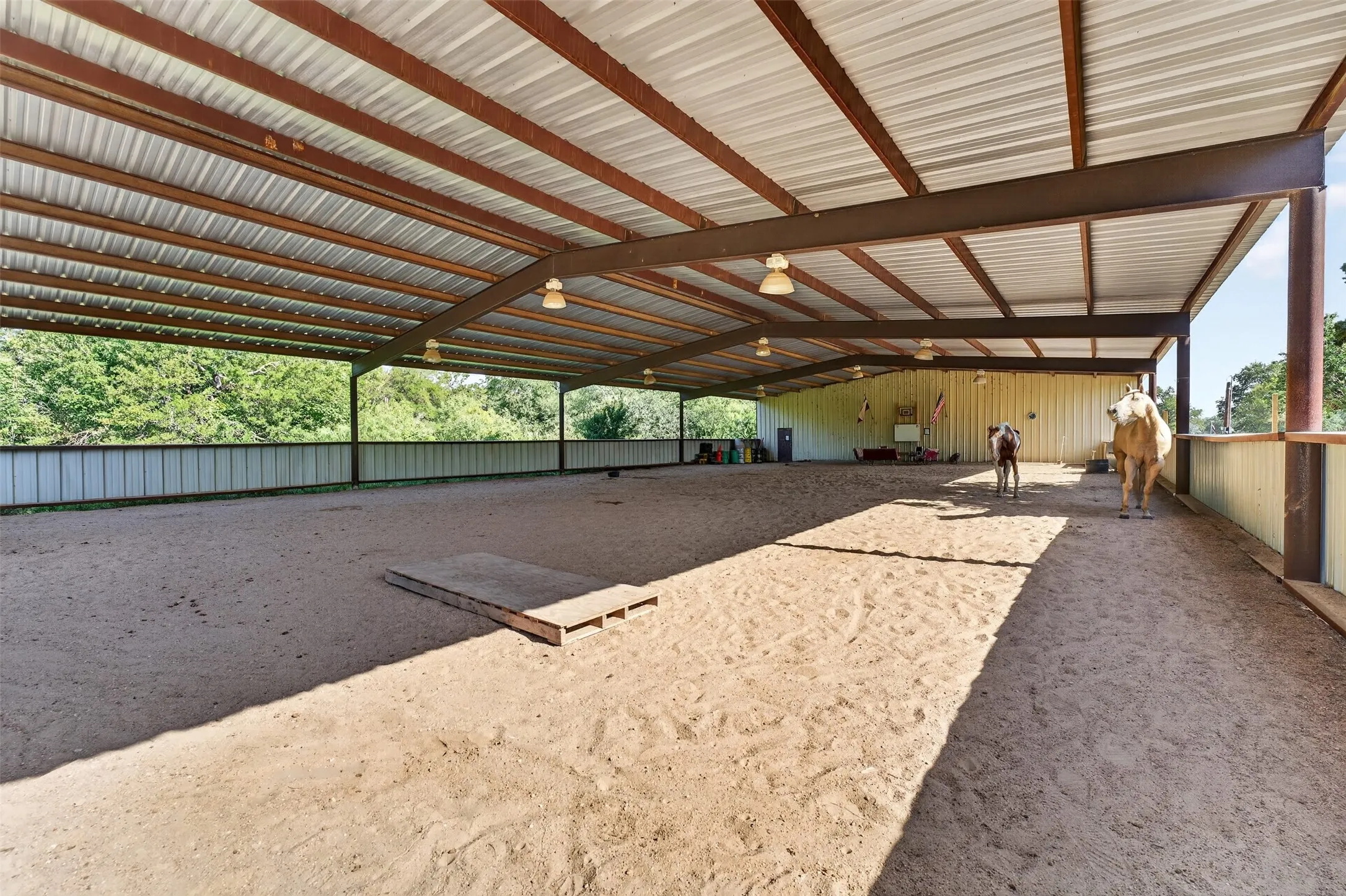 Spacious covered equestrian arena featuring a metal-frame structure with translucent polycarbonate roof panels, sand and rubber footing surfaces, perimeter fencing, and integrated lighting throughout