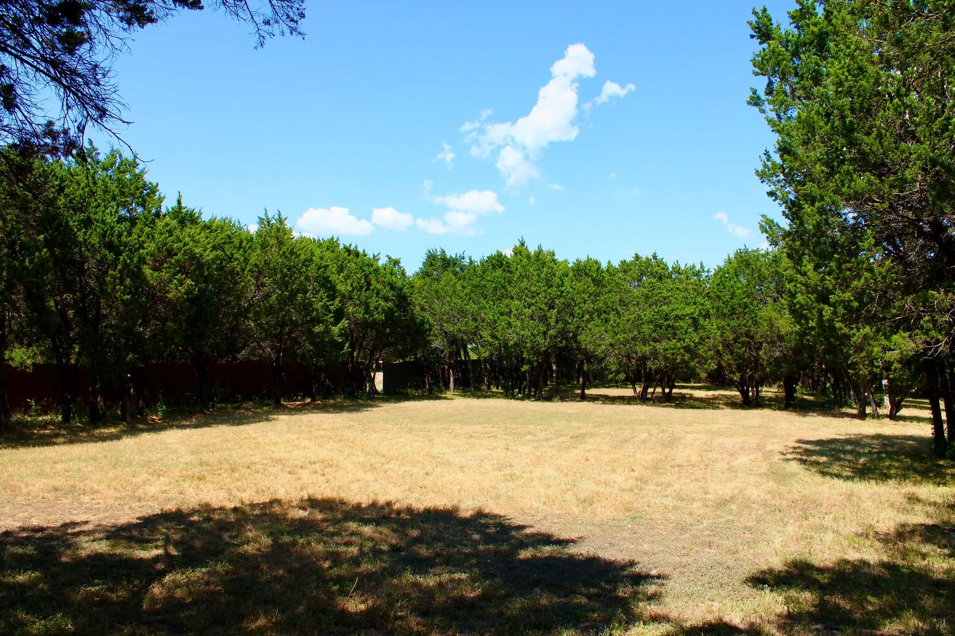 Expansive open-air lot featuring surrounding mature trees and a perimeter fence