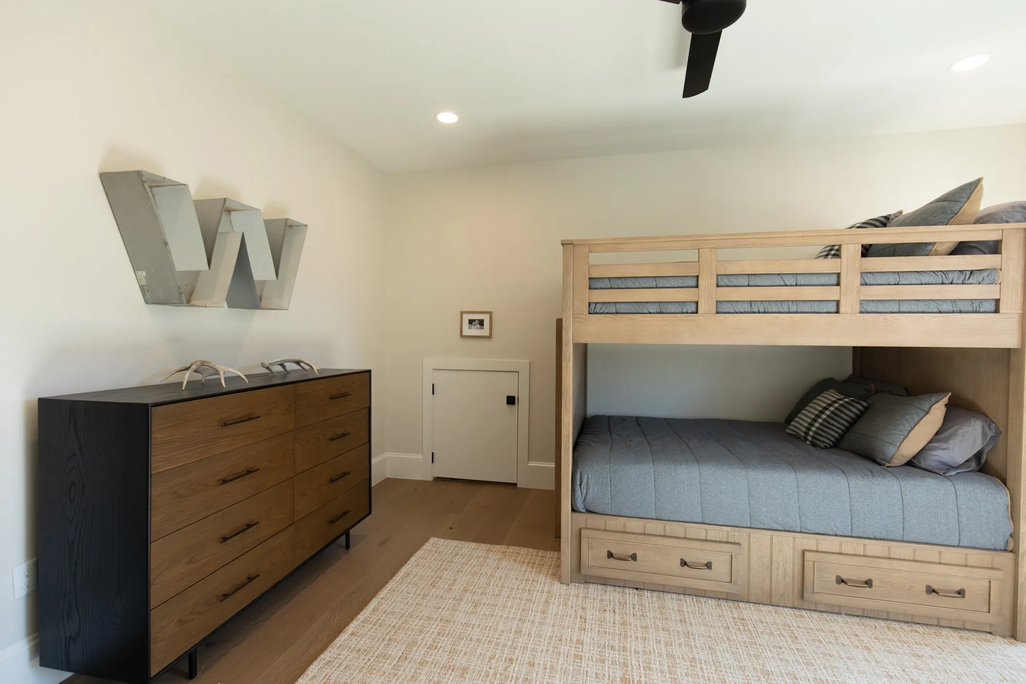 Bedroom with dark wood-style floors, recessed lighting, and ceiling fan