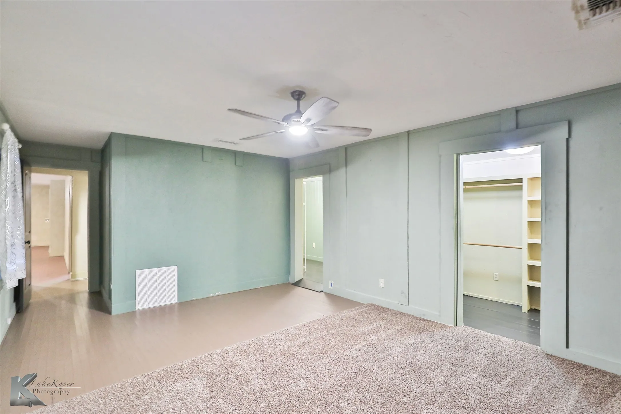 Spacious room featuring a ceiling fan, carpet and wood-finish flooring, and a walk-in closet with built-in shelving