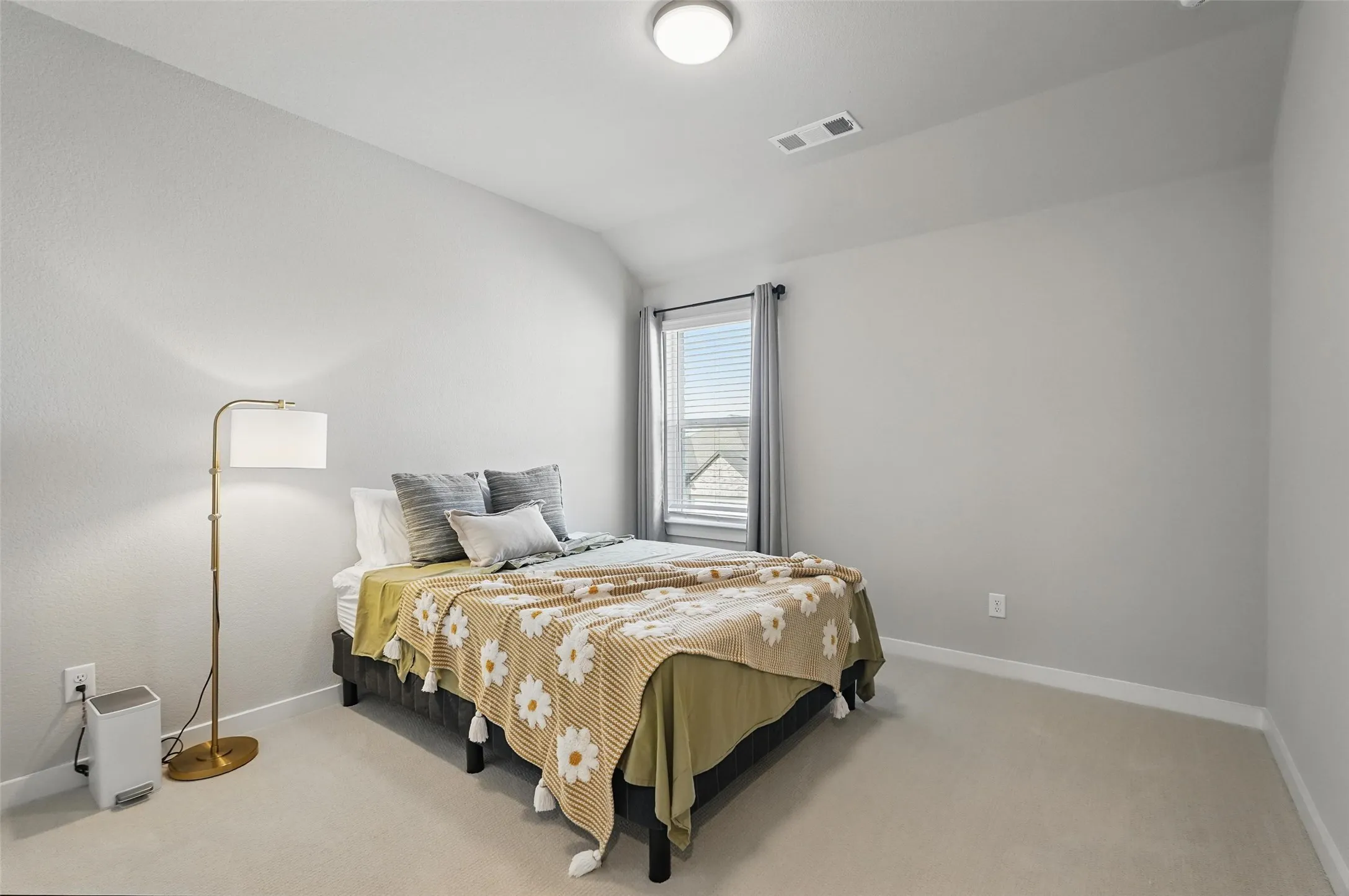 Soft gray walls with a textured finish, light neutral carpeting, and a window with blinds and drapes