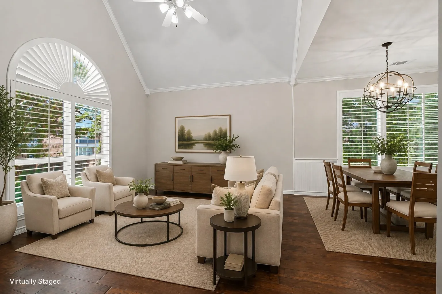 Side by side living room dining.  Virtually Staged
