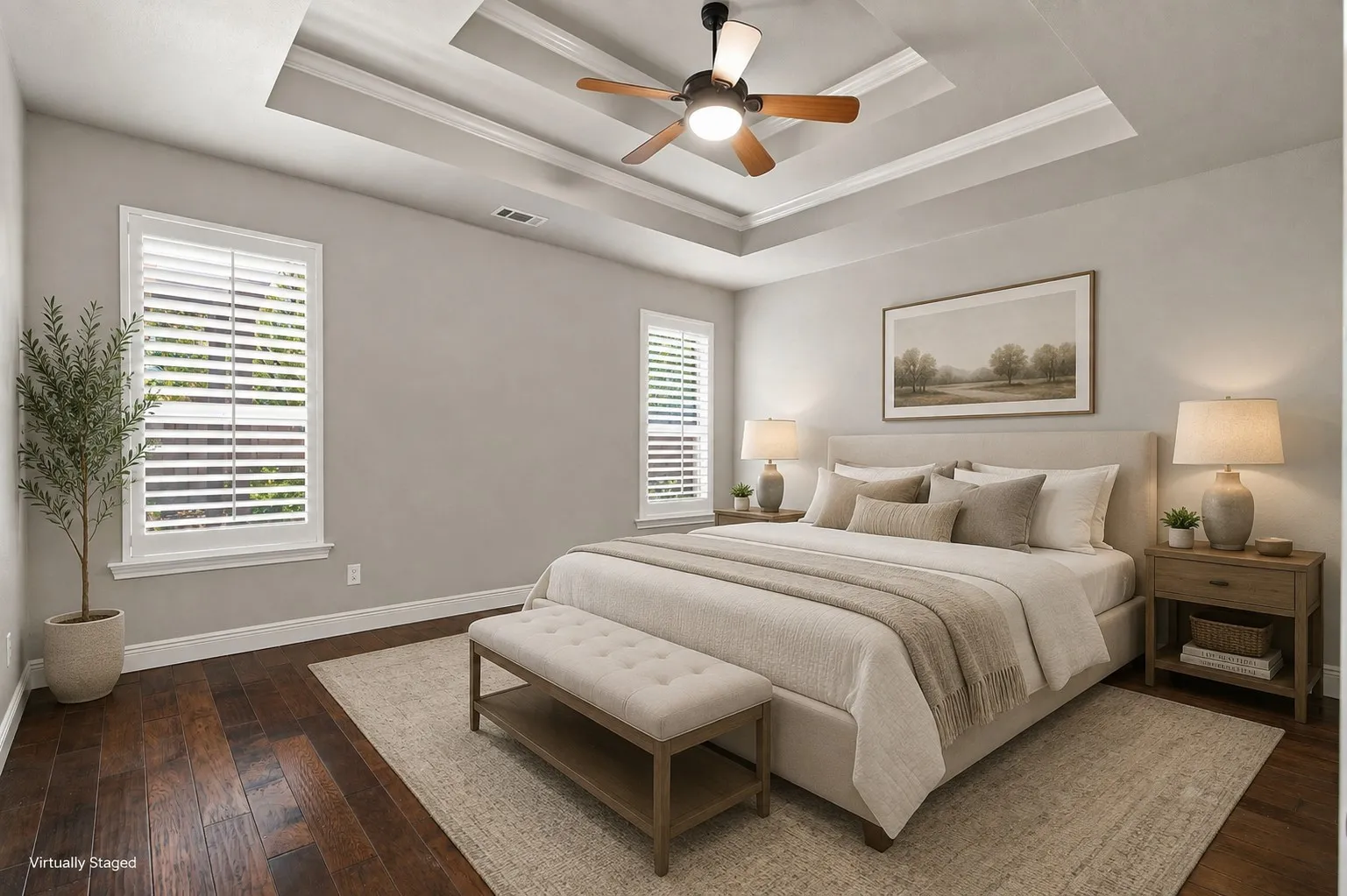 Virtually Staged Primary Bedroom with pop up ceiling to 11 feet.