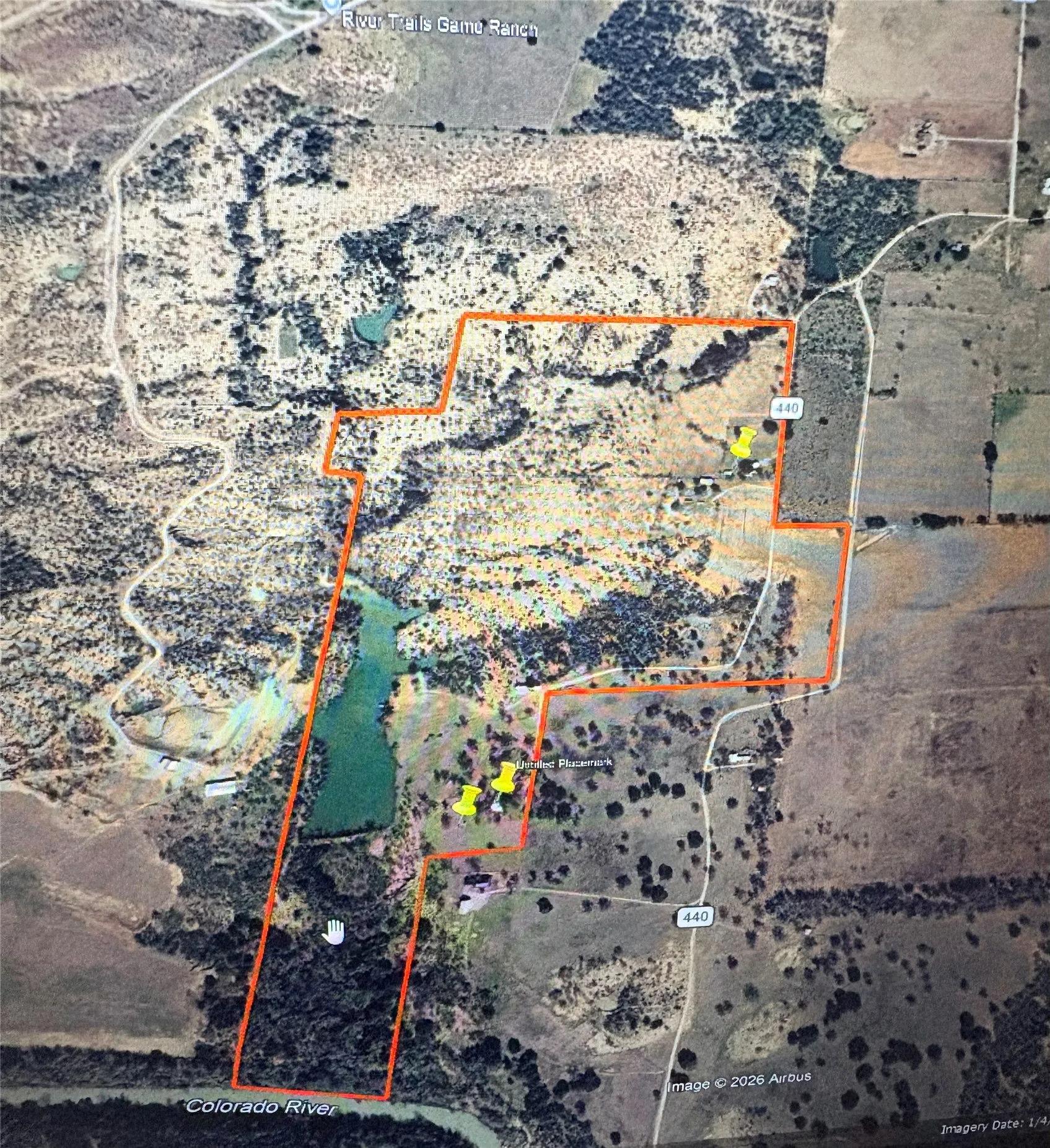 the yellow dots are the two homes, and water well is next to the main home.