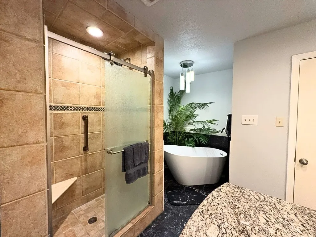 Bathroom with walk-in shower and soaking tub