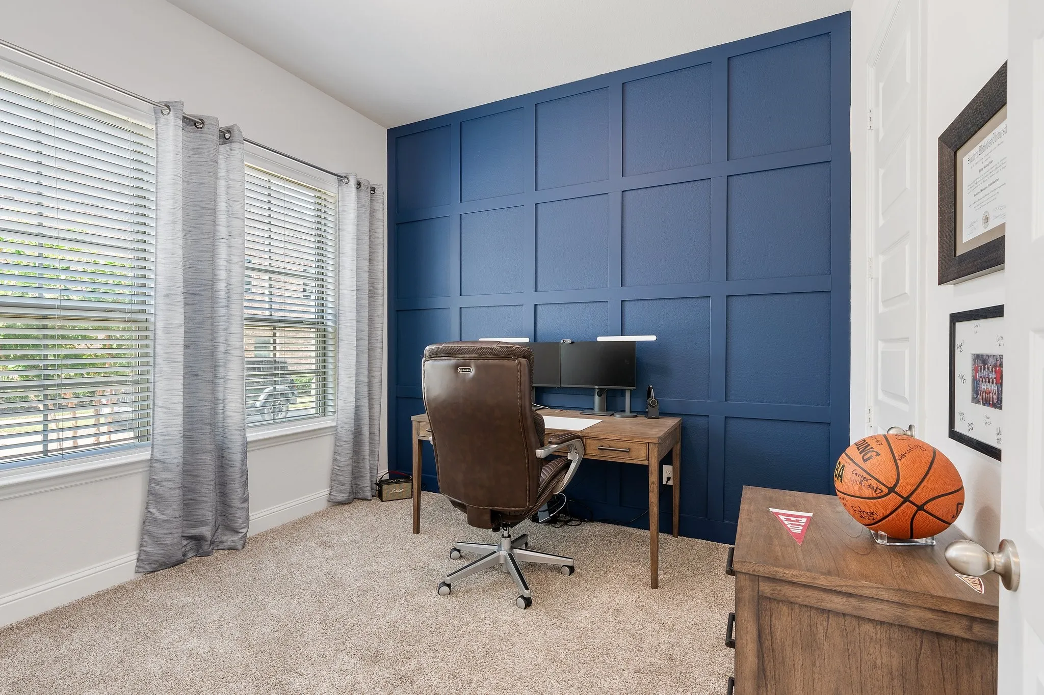 View of carpeted home office
