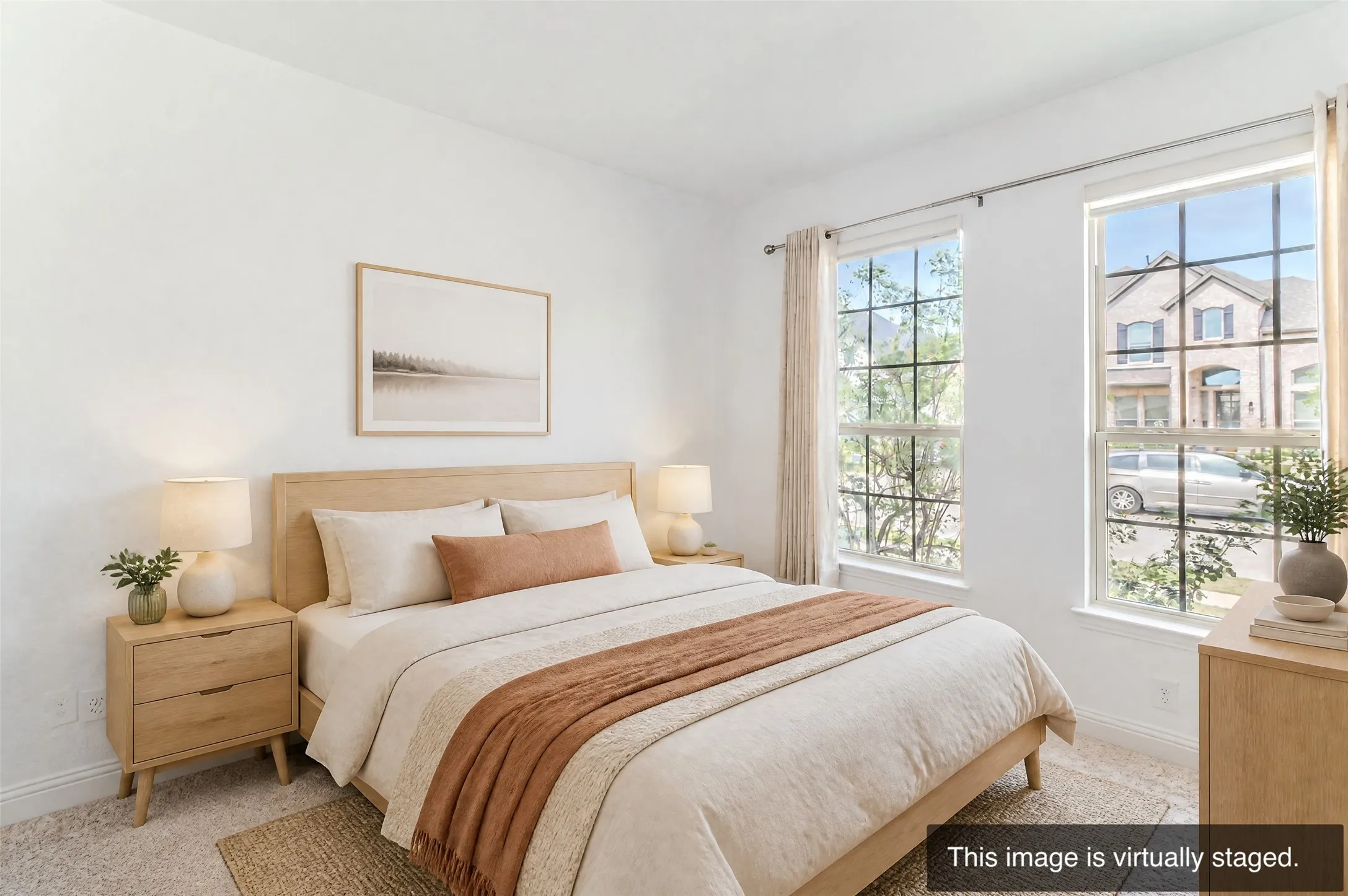 Recessed lighting in a neutral tone room with two large windows