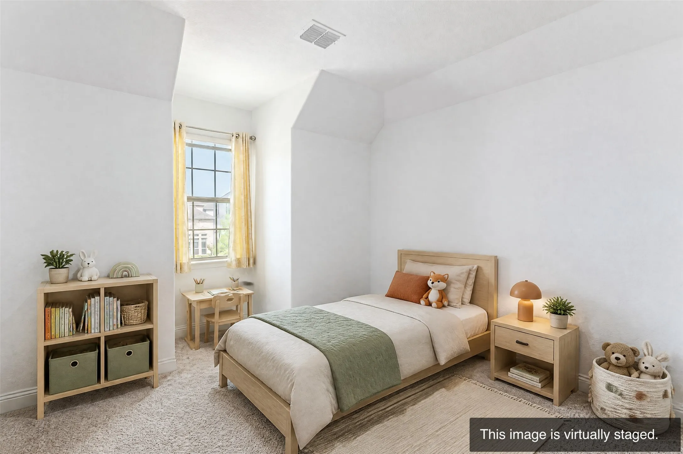 Carpeted flooring, vaulted ceiling, and a large window with grid panes