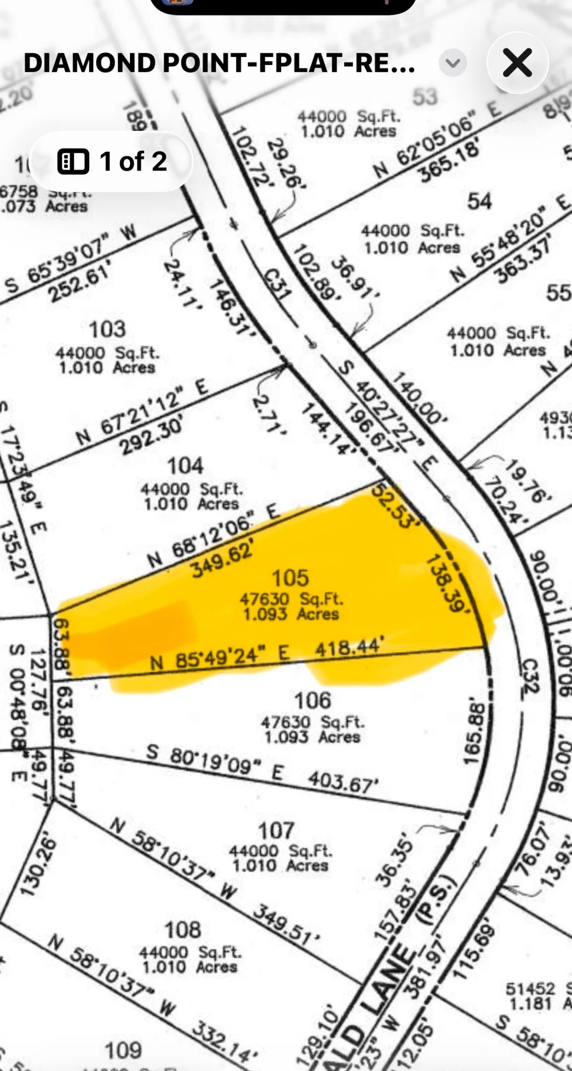 Plat Map, Lot 105. Illustrating the property boundaries, dimensions, and area in square feet and acres