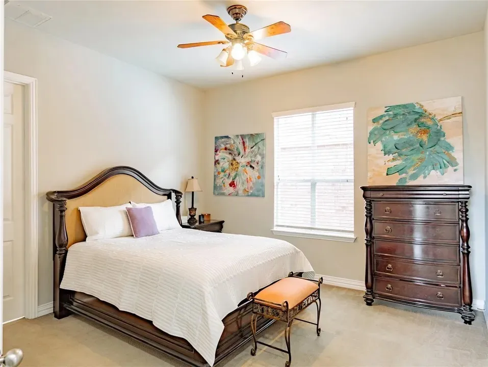 Recessed lighting, ceiling fan, neutral wall tones, window with blinds, and carpeted flooring