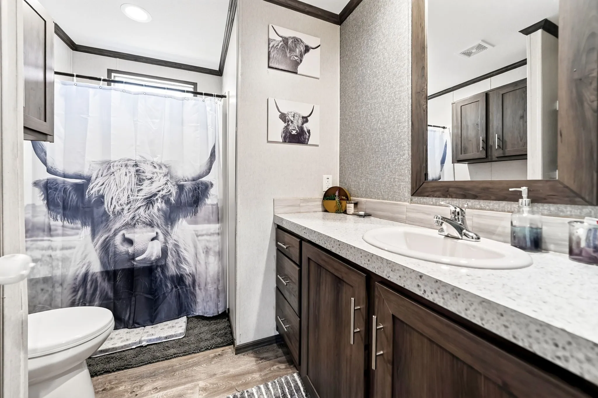 Vanity with a single basin sink, chrome faucet, and ample under-cabinet storage