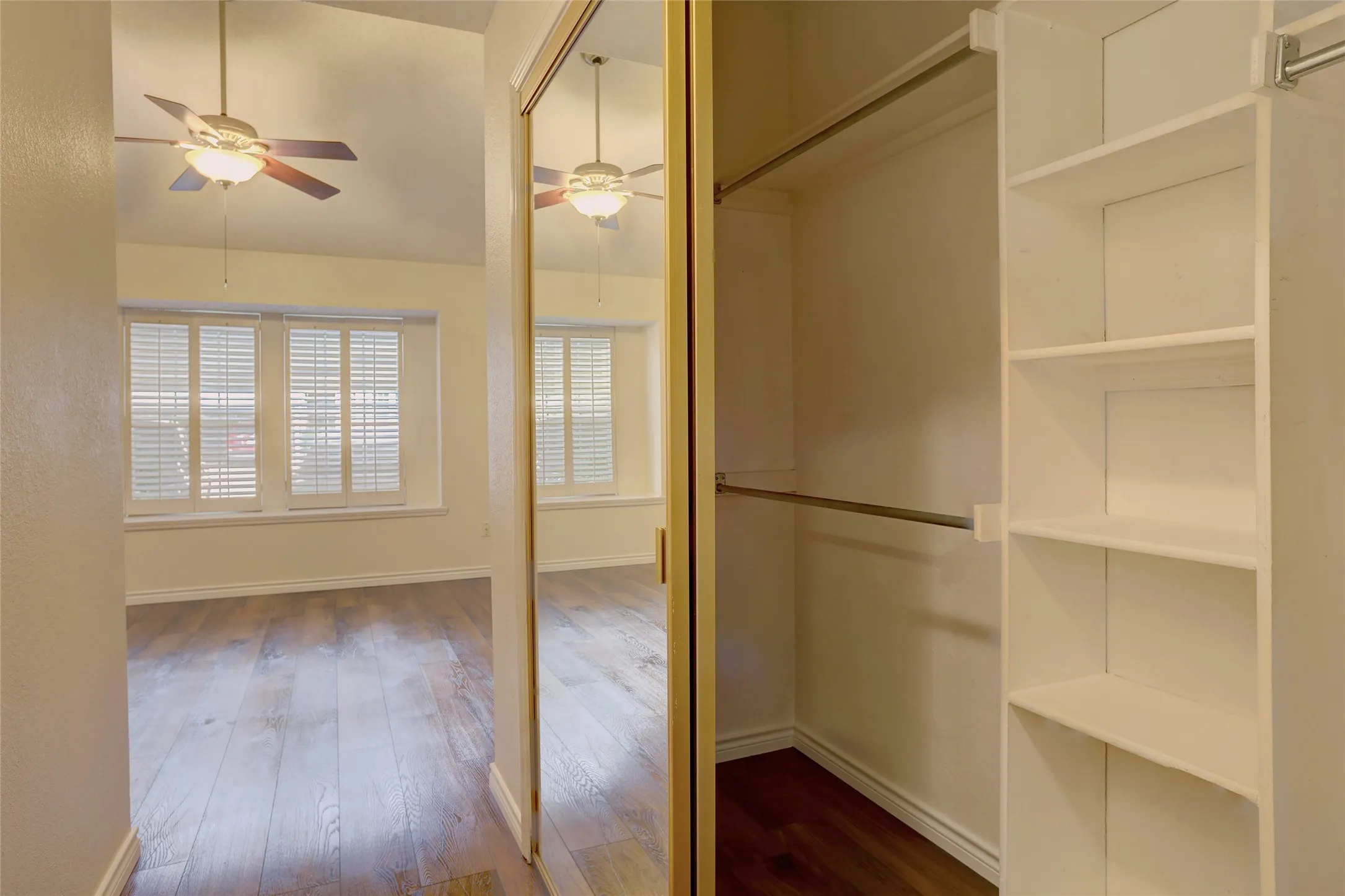 Spacious walk-in closet featuring floor-to-ceiling shelving with multiple compartments, mirrored sliding doors with brass hardware, and wood-finish flooring.