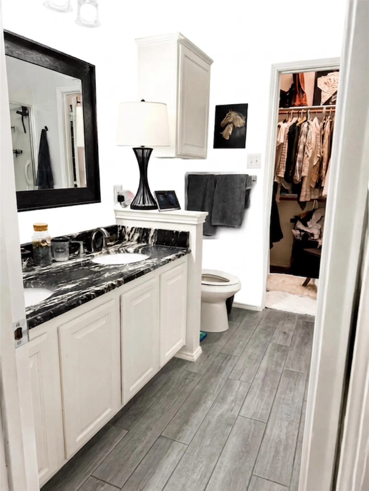 Dual vanity with dark stone countertop, white cabinetry, integrated sinks, and wood-finish flooring