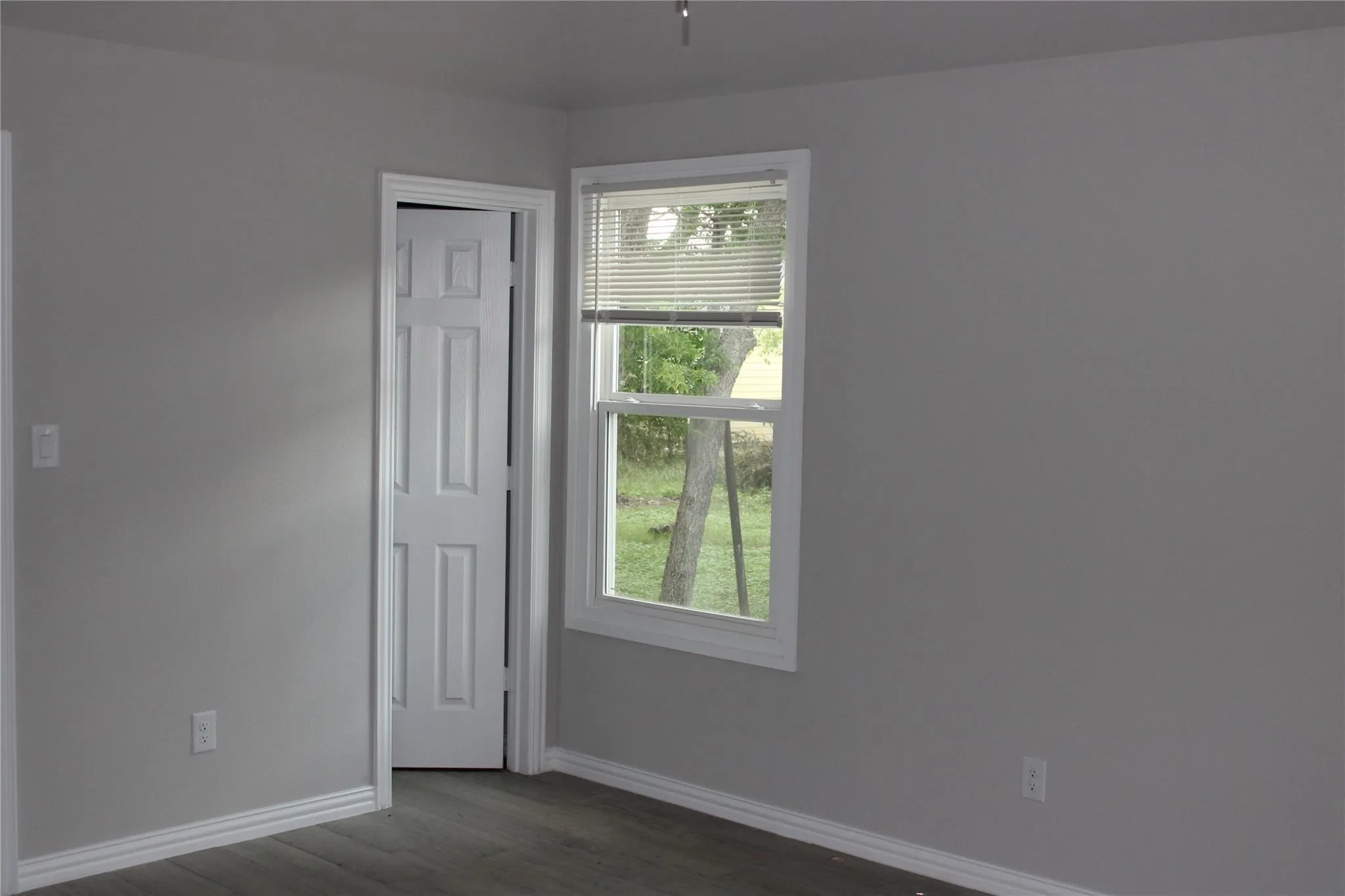 Room featuring wood-finish flooring, light gray walls, a white paneled door, and a double-hung window with blinds