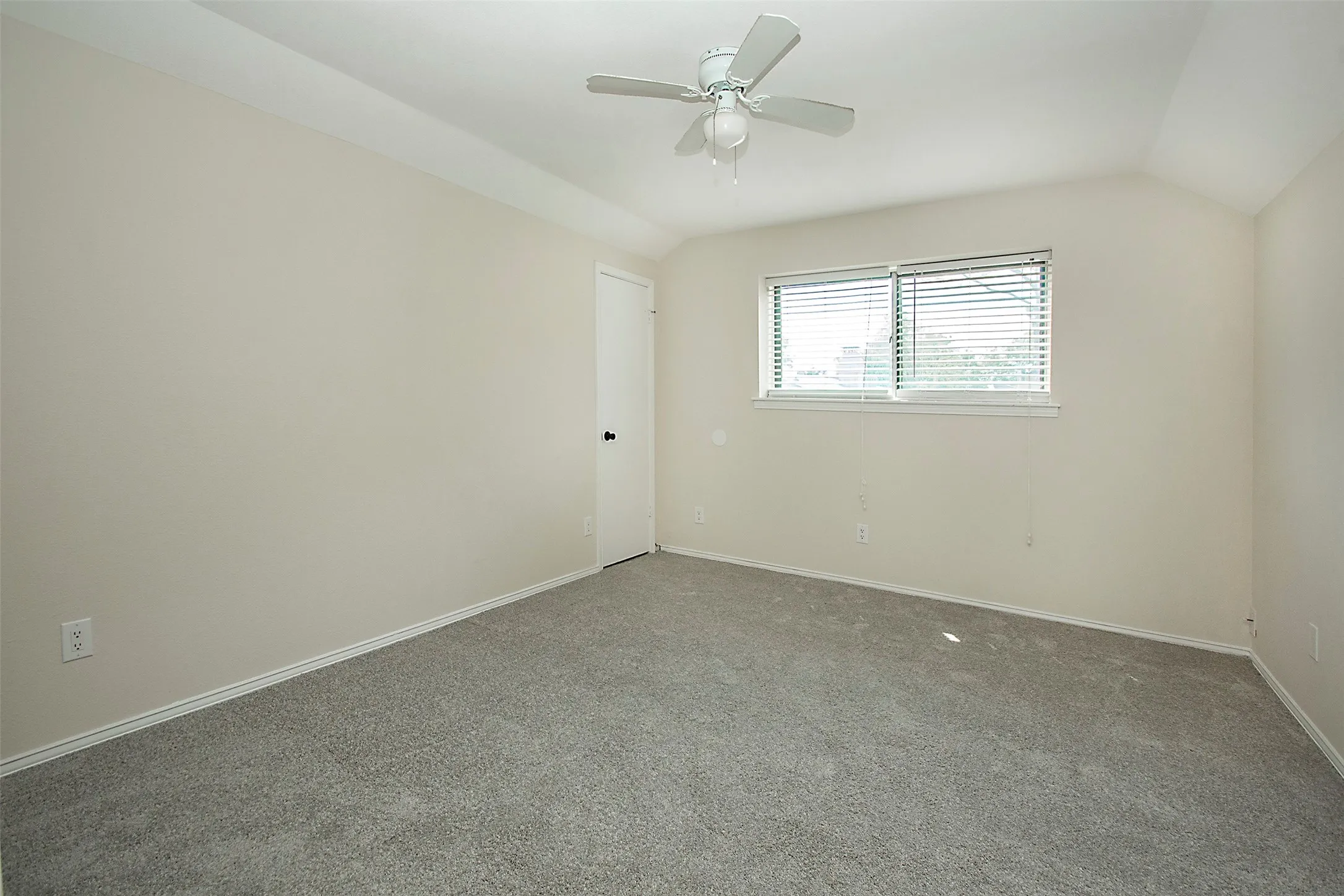 Neutral wall finishes, textured carpeting, window with blinds, and ceiling fan