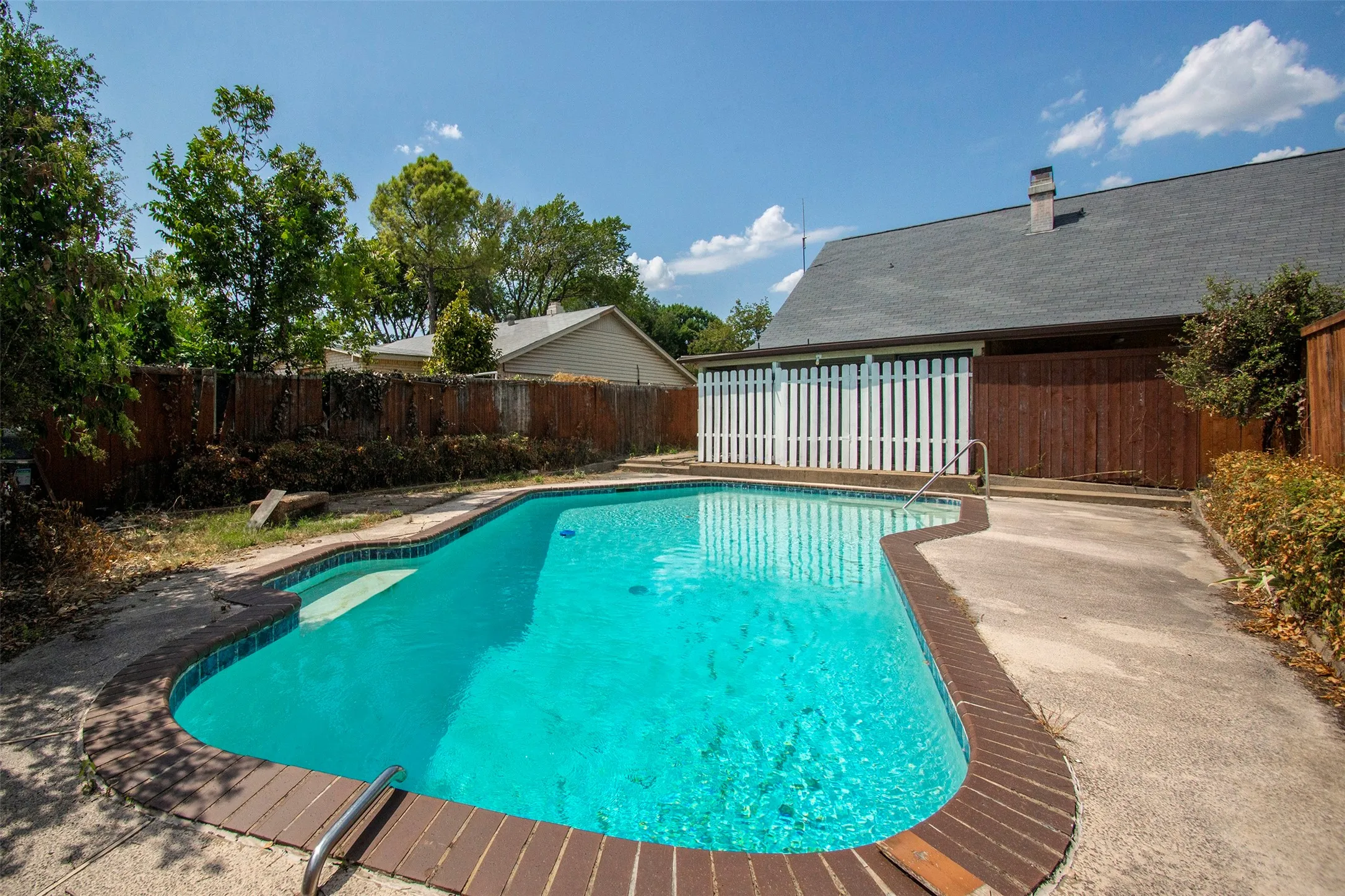 Freeform swimming pool with brick coping and concrete decking
