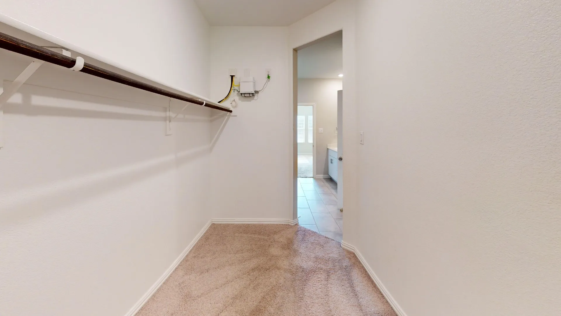 Carpeted walk-in closet with built-in shelving and hanging rod