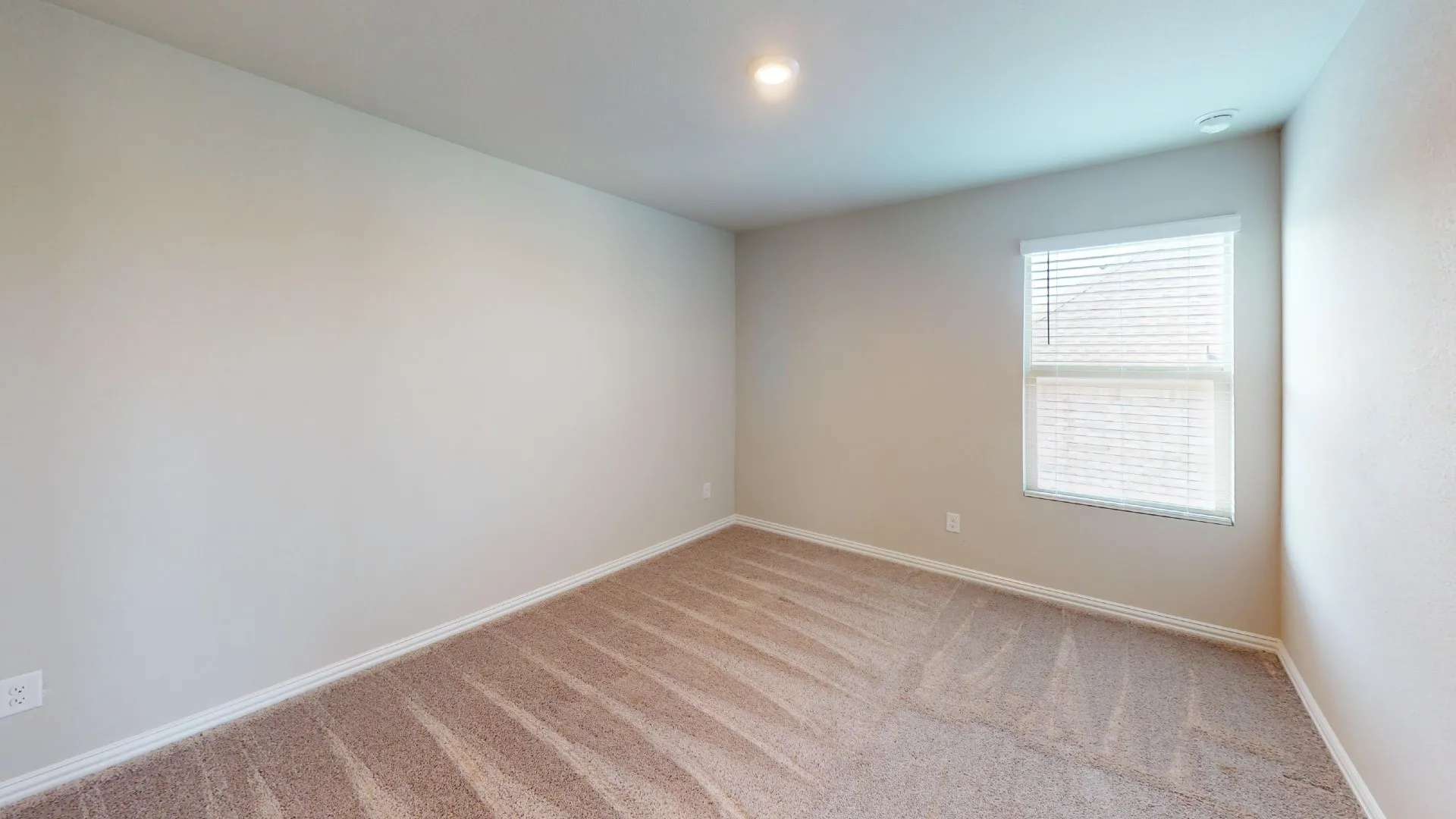 Recessed ceiling lighting, white window blinds, white trim, and beige carpeting