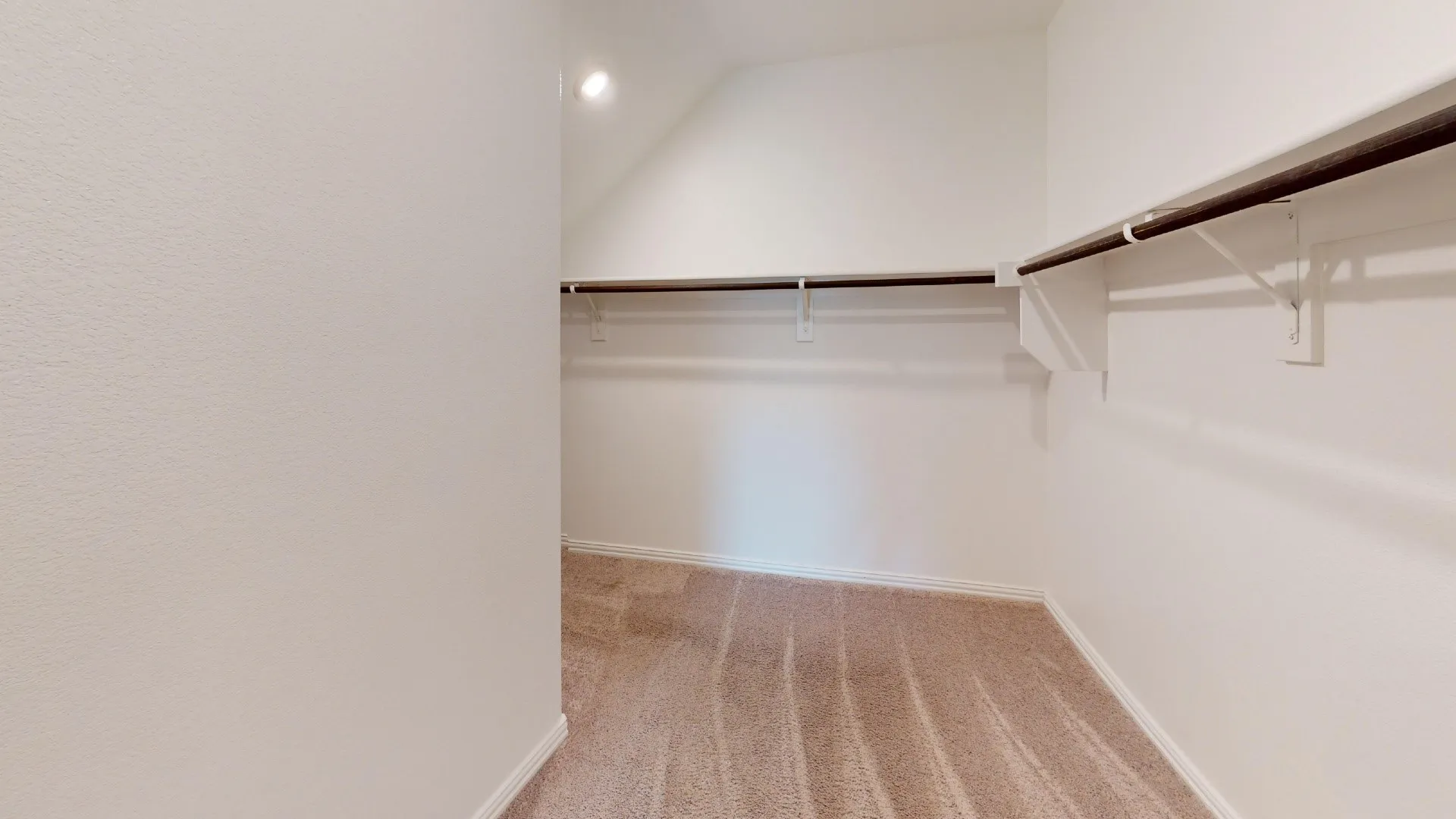 Neutral-toned carpeting, white walls, built-in shelving, and clothes rods