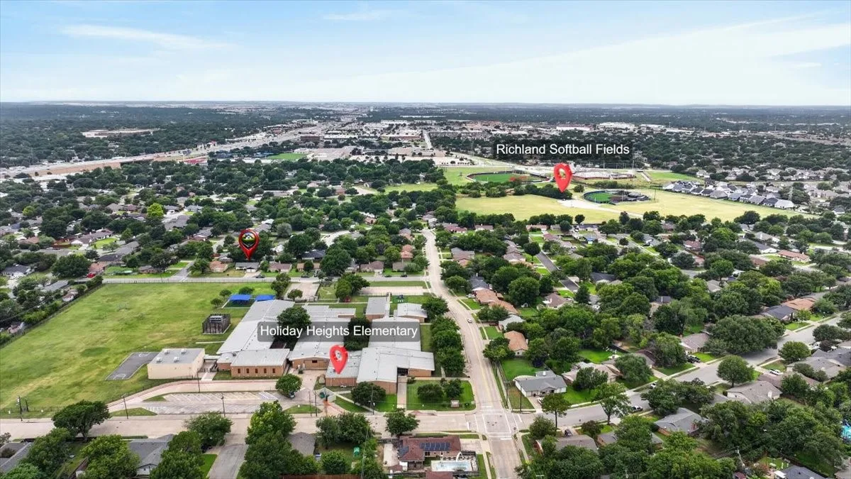 Aerial perspective showcasing a residential area with established trees and multiple community facilities