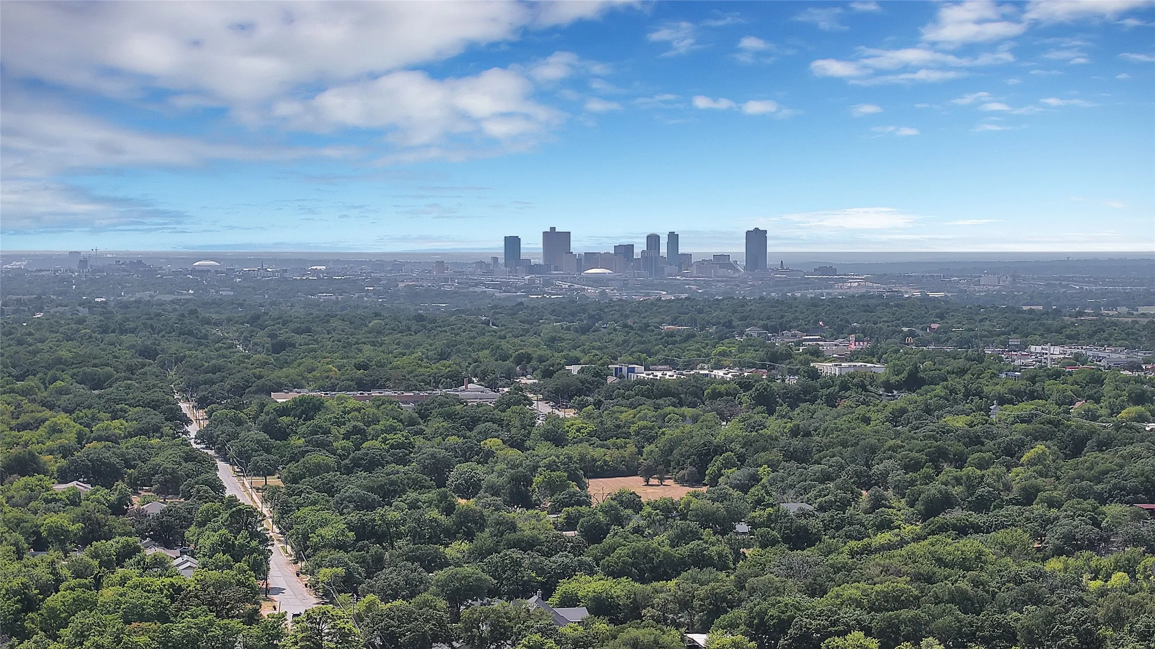 Expansive green landscape with a distant urban skyline under a blue sky