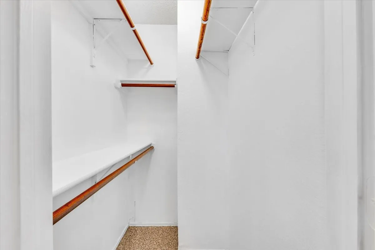 Walk-in closet with multiple hanging rods, integrated shelving, and carpet flooring