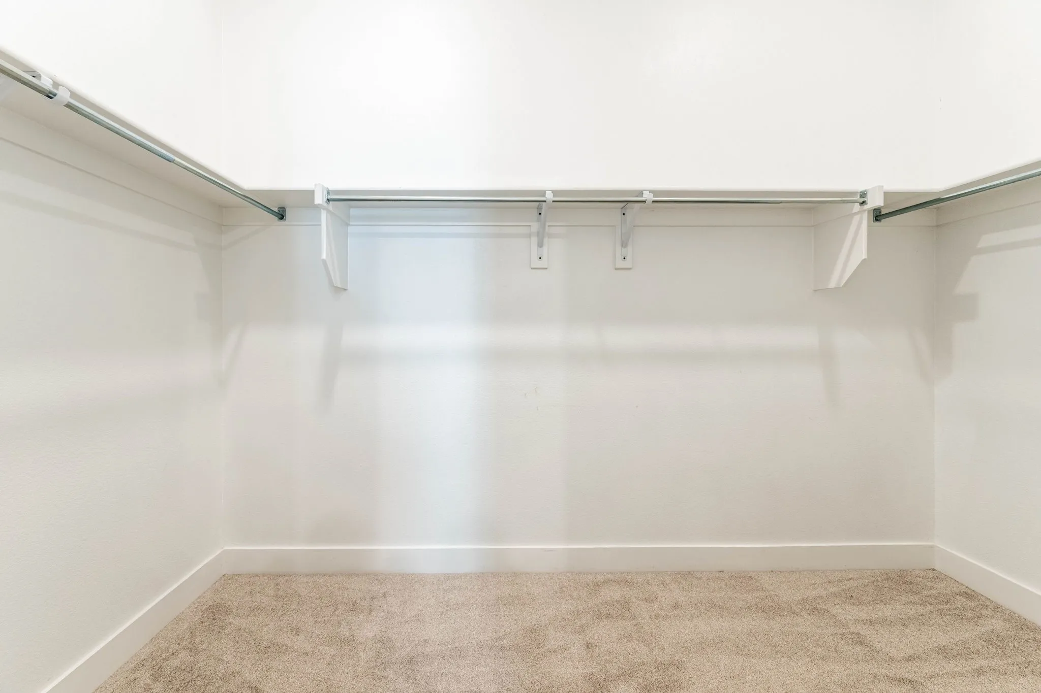 Walk-in closet featuring light-colored carpeting, white painted walls, and built-in shelving with hanging rods
